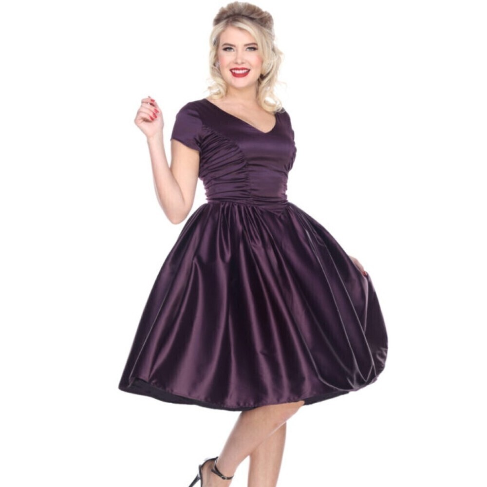BETTIE PAGE Rita Ruchrd Fit and Flare Midi Dress Plum Purple Satin Womens Small